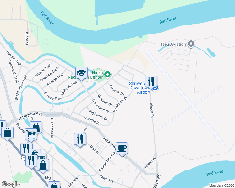 map of restaurants, bars, coffee shops, grocery stores, and more near 1121 Fenwick Drive in Shreveport