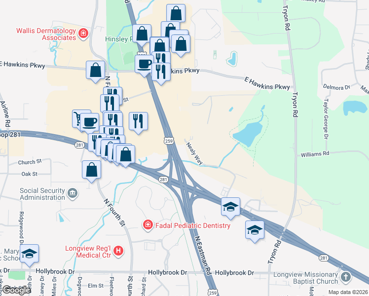map of restaurants, bars, coffee shops, grocery stores, and more near 3026 North Eastman Road in Longview