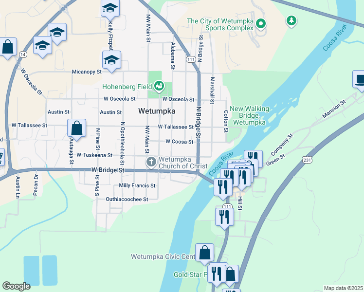 map of restaurants, bars, coffee shops, grocery stores, and more near 201 West Coosa Street in Wetumpka