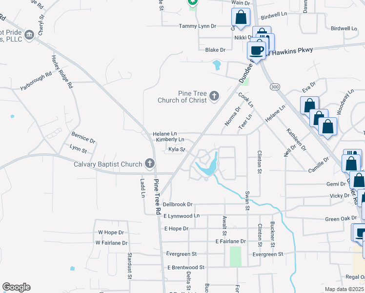 map of restaurants, bars, coffee shops, grocery stores, and more near 213 Kyla Street in Longview