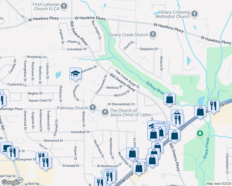 map of restaurants, bars, coffee shops, grocery stores, and more near 1819 McCord Street in Longview
