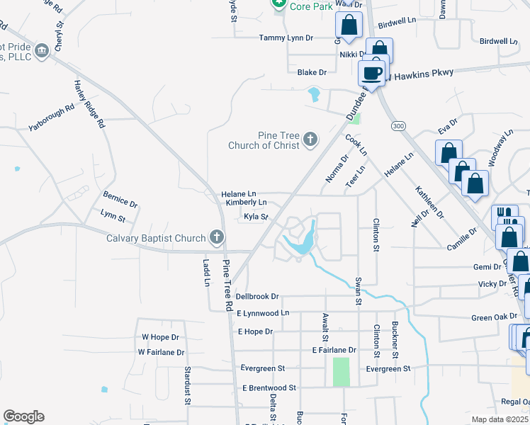 map of restaurants, bars, coffee shops, grocery stores, and more near 213 Kyla Street in Longview