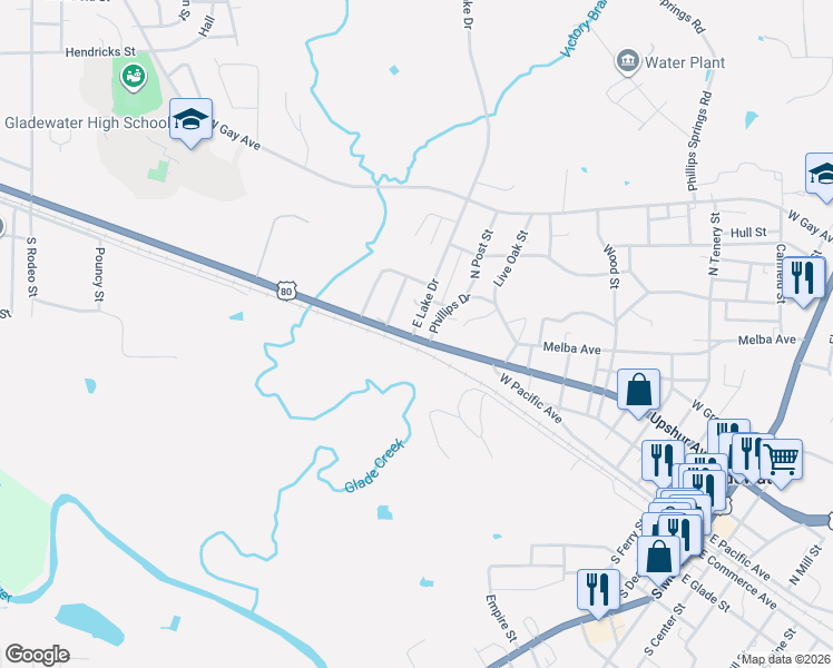 map of restaurants, bars, coffee shops, grocery stores, and more near 1501-1599 West Upshur Avenue in Gladewater