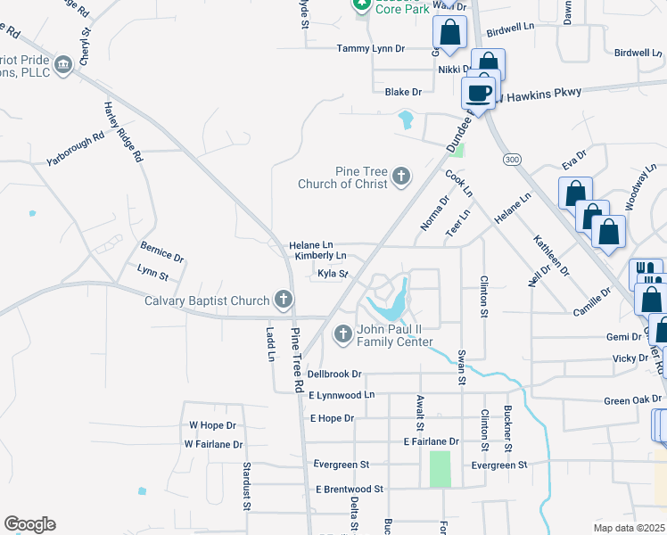 map of restaurants, bars, coffee shops, grocery stores, and more near 213 Kyla Street in Longview