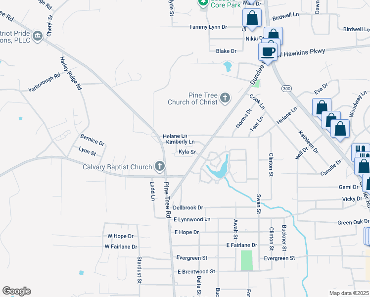 map of restaurants, bars, coffee shops, grocery stores, and more near 213 Kyla Street in Longview