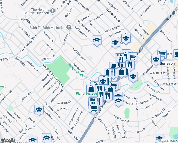 map of restaurants, bars, coffee shops, grocery stores, and more near 433 Southwest Thomas Street in Burleson