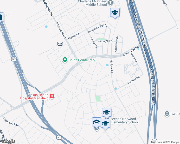 map of restaurants, bars, coffee shops, grocery stores, and more near 1503 South Mitchell Road in Mansfield