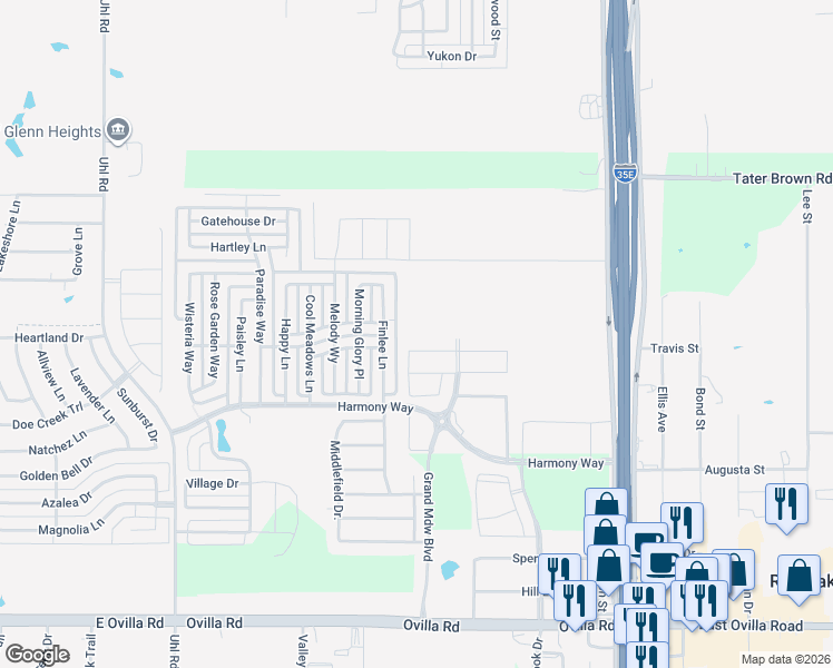 map of restaurants, bars, coffee shops, grocery stores, and more near Galloping Hill Road in Red Oak