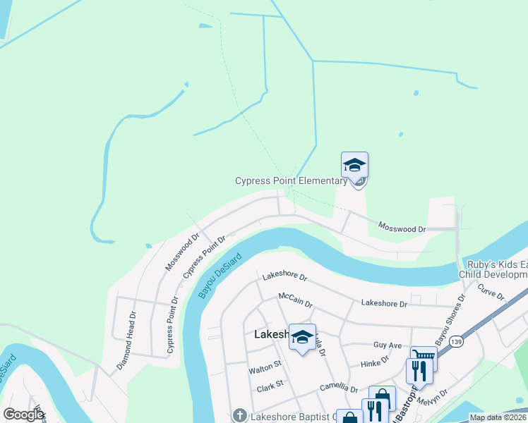 map of restaurants, bars, coffee shops, grocery stores, and more near 6518-6600 Cypress Point Dr in Monroe