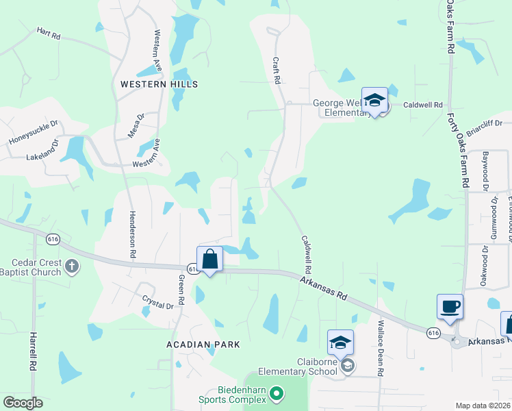map of restaurants, bars, coffee shops, grocery stores, and more near 562 Caldwell Road in West Monroe