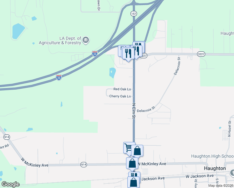 map of restaurants, bars, coffee shops, grocery stores, and more near 428 Cherry Oak Lane in Haughton