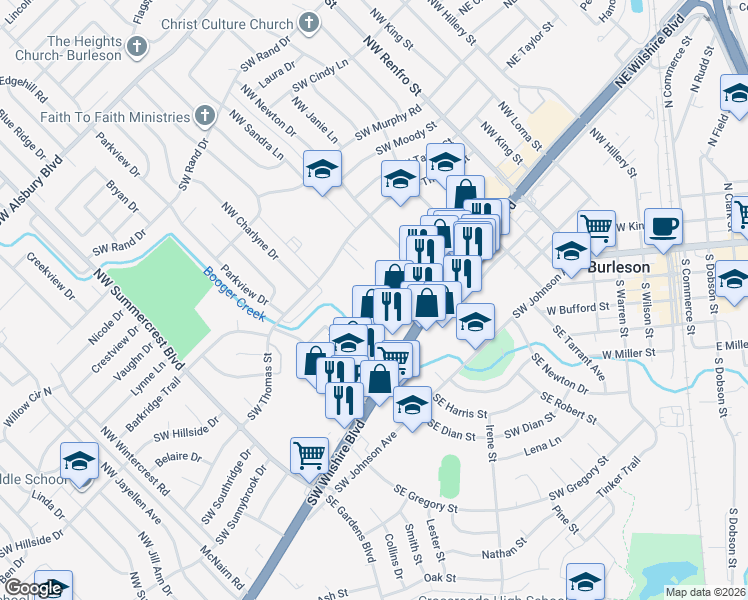 map of restaurants, bars, coffee shops, grocery stores, and more near 400 Southwest Gordon Street in Burleson