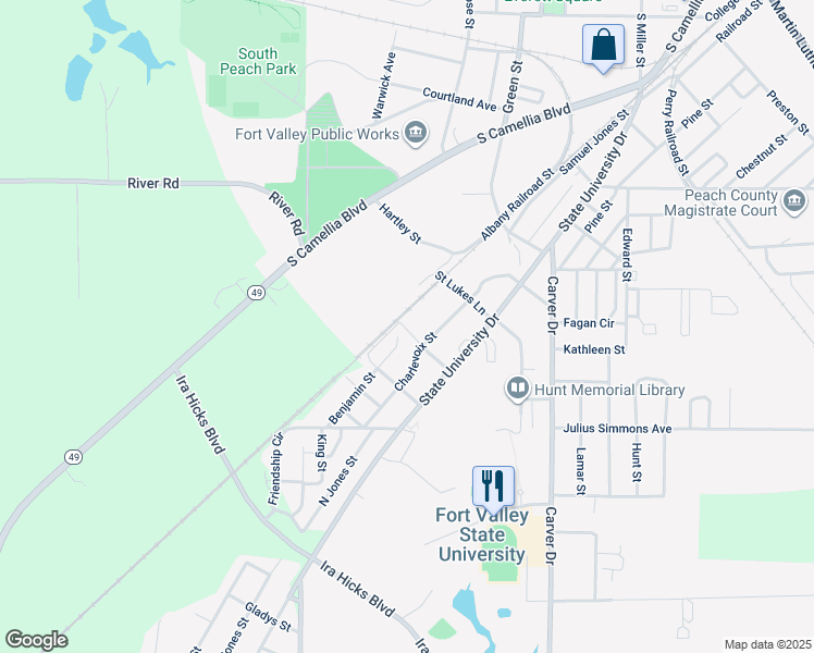 map of restaurants, bars, coffee shops, grocery stores, and more near 103 Albany Railroad Street in Fort Valley