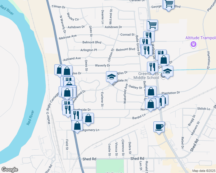map of restaurants, bars, coffee shops, grocery stores, and more near 2410 Plantation Drive in Bossier City