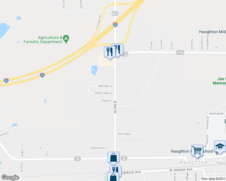map of restaurants, bars, coffee shops, grocery stores, and more near 424 North Elm Street in Haughton