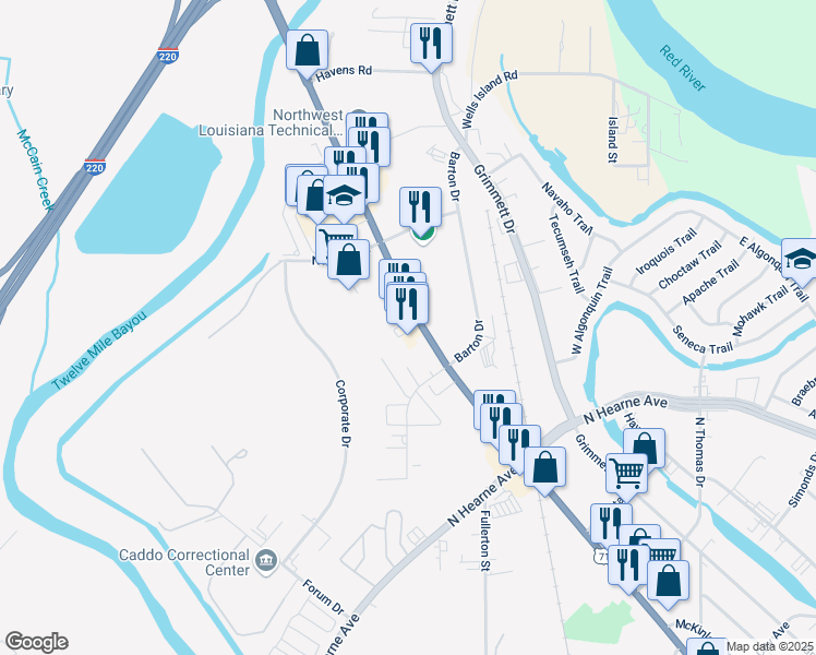 map of restaurants, bars, coffee shops, grocery stores, and more near 1733 North Market Street in Shreveport