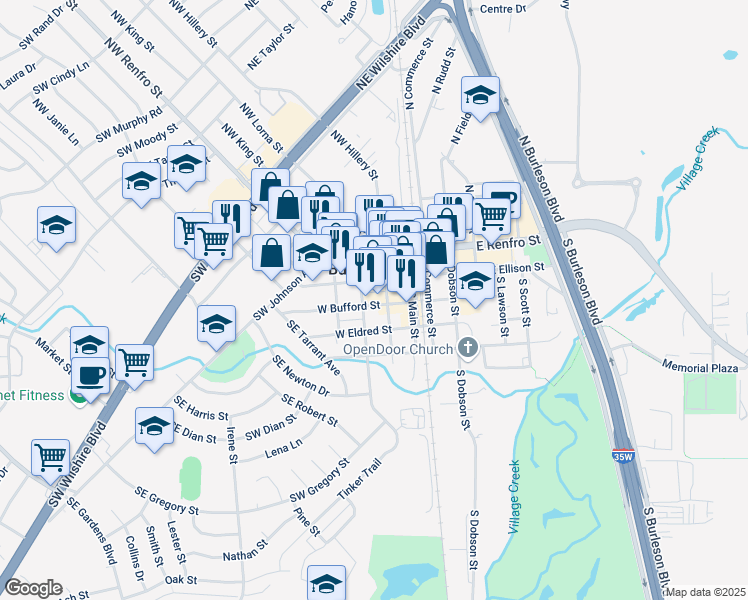 map of restaurants, bars, coffee shops, grocery stores, and more near 197 West Bufford Street in Burleson
