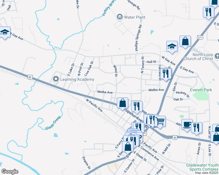 map of restaurants, bars, coffee shops, grocery stores, and more near 700 Melba Avenue in Gladewater