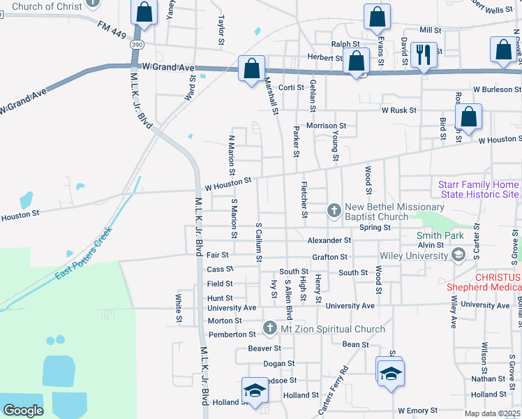 map of restaurants, bars, coffee shops, grocery stores, and more near 401 South Callum Street in Marshall