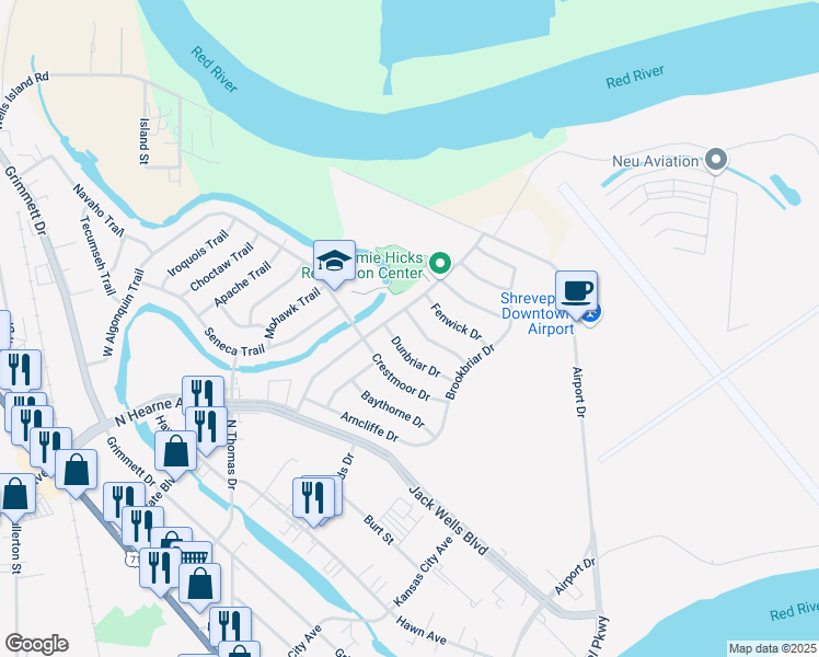 map of restaurants, bars, coffee shops, grocery stores, and more near 1137 Englemeade Drive in Shreveport