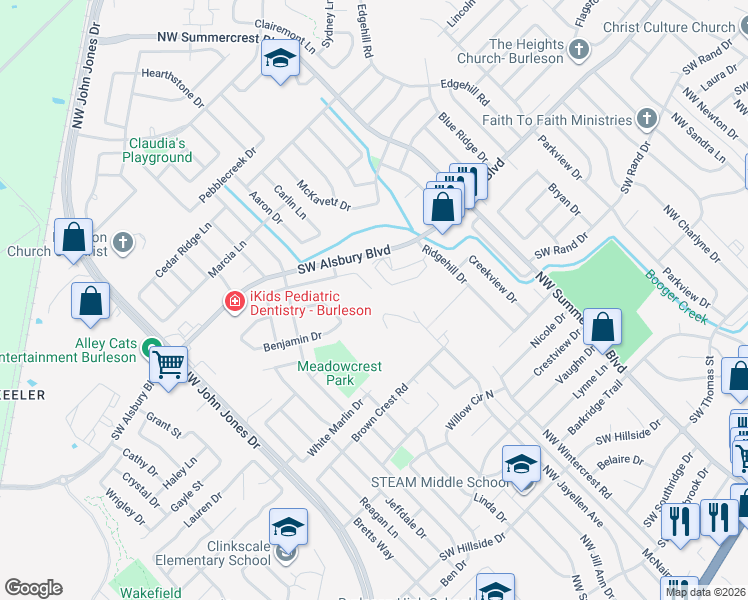map of restaurants, bars, coffee shops, grocery stores, and more near 801 Joshua Drive in Burleson