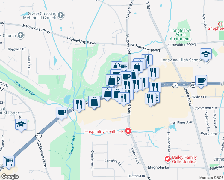 map of restaurants, bars, coffee shops, grocery stores, and more near 409 West Loop 281 in Longview