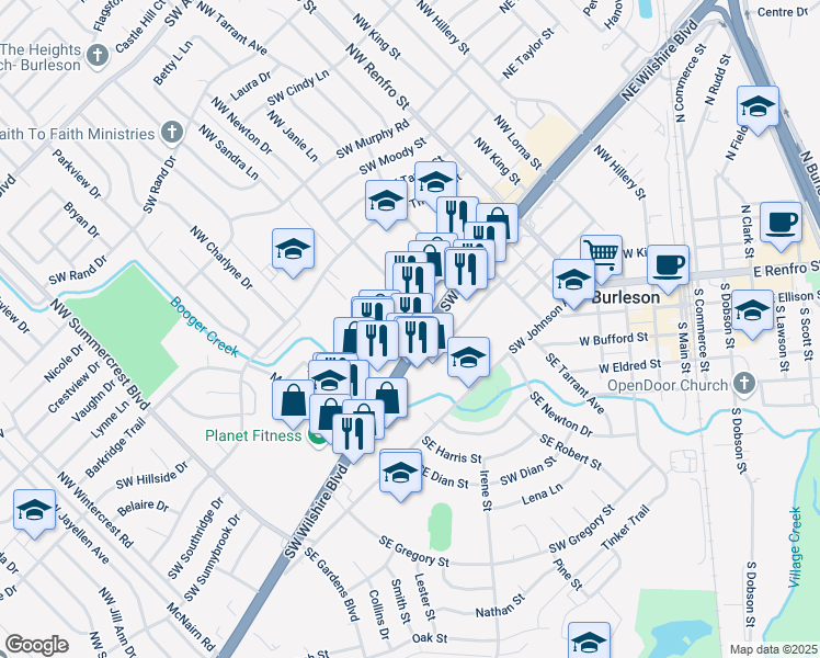 map of restaurants, bars, coffee shops, grocery stores, and more near 324 Southwest Wilshire Boulevard in Burleson
