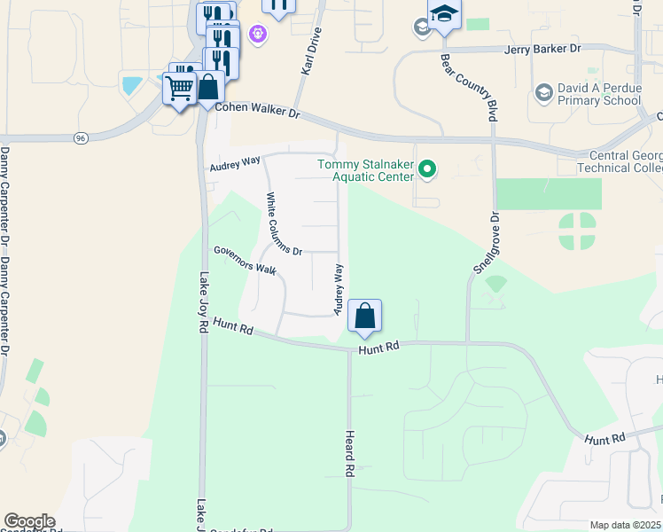 map of restaurants, bars, coffee shops, grocery stores, and more near 121 Audrey Way in Kathleen
