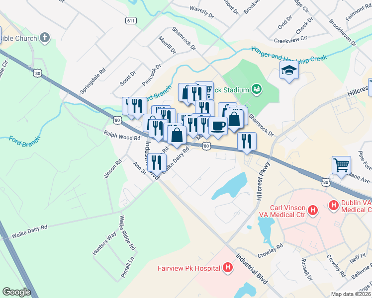 map of restaurants, bars, coffee shops, grocery stores, and more near 101 Walke Dairy Road in Dublin
