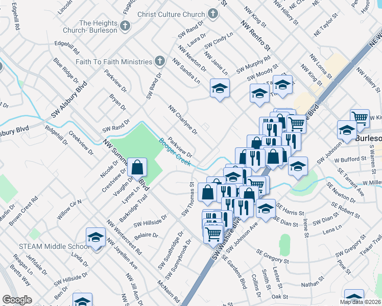 map of restaurants, bars, coffee shops, grocery stores, and more near 409 Parkview Drive in Burleson