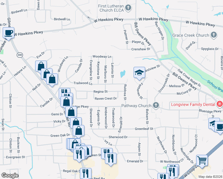 map of restaurants, bars, coffee shops, grocery stores, and more near 1302 Regina Street in Longview