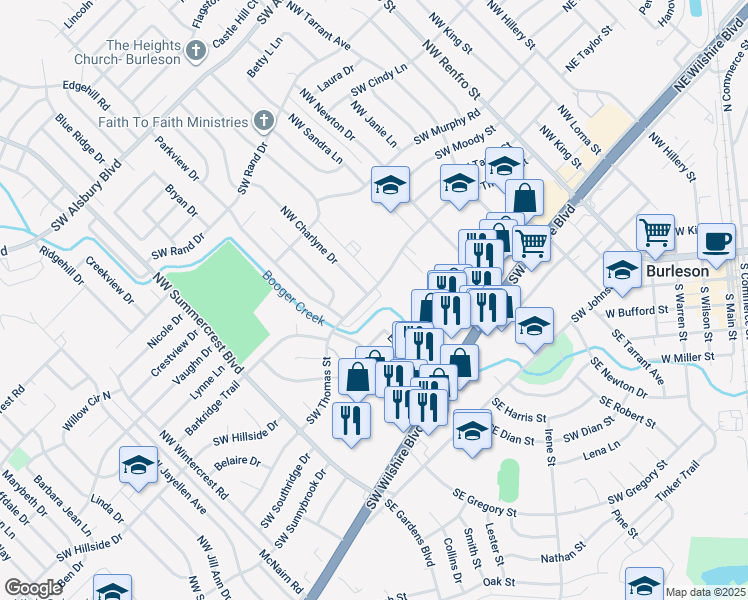 map of restaurants, bars, coffee shops, grocery stores, and more near 433 Southwest Thomas Street in Burleson
