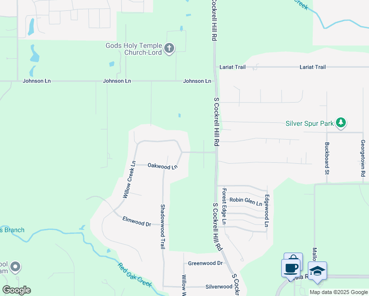 map of restaurants, bars, coffee shops, grocery stores, and more near 100 Meadowwood Lane in Red Oak