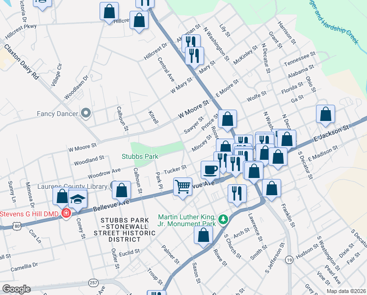 map of restaurants, bars, coffee shops, grocery stores, and more near 309 North Church Street in Dublin