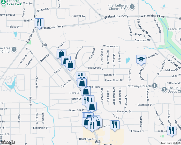 map of restaurants, bars, coffee shops, grocery stores, and more near 1000 Regina Street in Longview