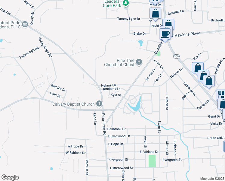 map of restaurants, bars, coffee shops, grocery stores, and more near 202 Kyla Street in Longview