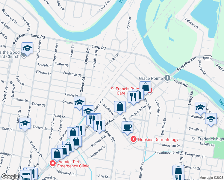 map of restaurants, bars, coffee shops, grocery stores, and more near 2322 Debastrop Drive in Monroe