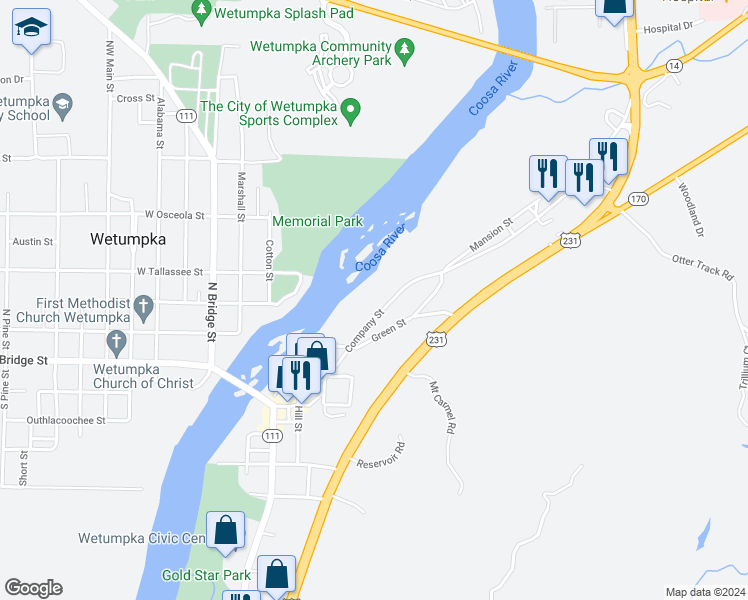 map of restaurants, bars, coffee shops, grocery stores, and more near 419 Company Street in Wetumpka
