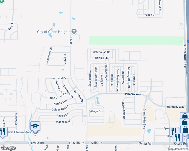 map of restaurants, bars, coffee shops, grocery stores, and more near 207 Rose Garden Way in Red Oak