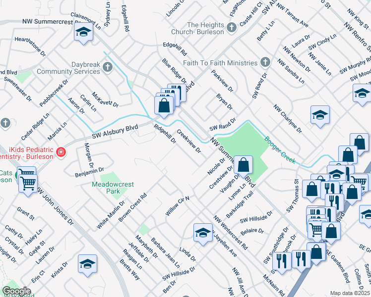 map of restaurants, bars, coffee shops, grocery stores, and more near 809 Ridgehill Court in Burleson