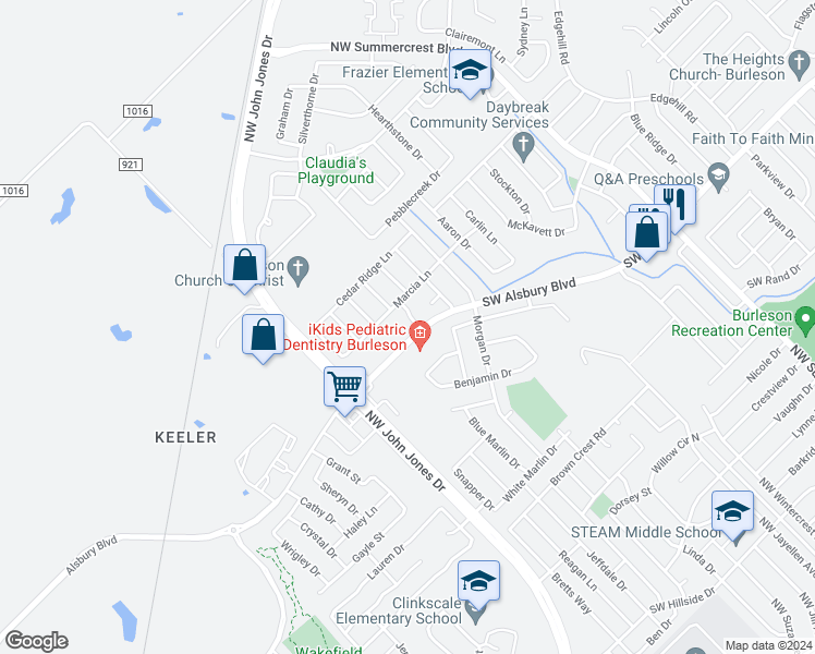 map of restaurants, bars, coffee shops, grocery stores, and more near 955 Heather Street in Burleson