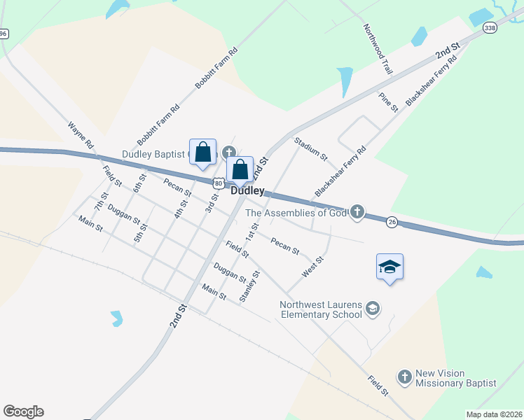 map of restaurants, bars, coffee shops, grocery stores, and more near 1279 1st Street in Dudley