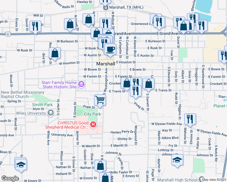 map of restaurants, bars, coffee shops, grocery stores, and more near in Marshall
