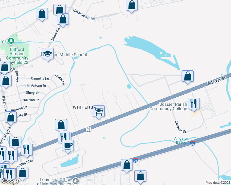 map of restaurants, bars, coffee shops, grocery stores, and more near 5705 East Texas Street in Bossier City