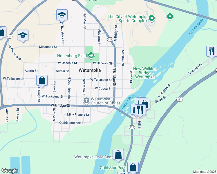 map of restaurants, bars, coffee shops, grocery stores, and more near 201 West Coosa Street in Wetumpka