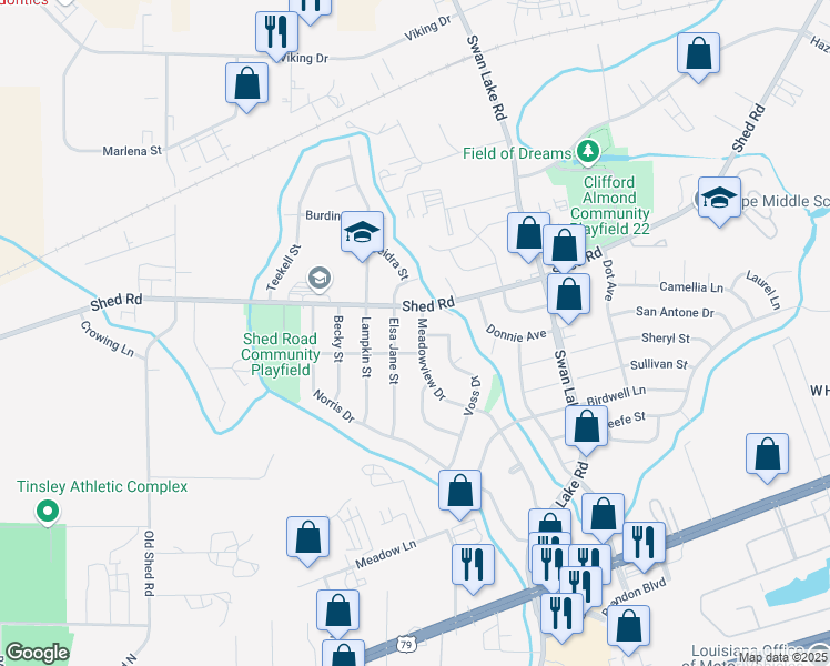 map of restaurants, bars, coffee shops, grocery stores, and more near 1317 Meadowview Drive in Bossier City