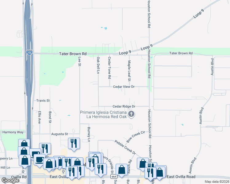 map of restaurants, bars, coffee shops, grocery stores, and more near 520 Cedar View Drive in Red Oak