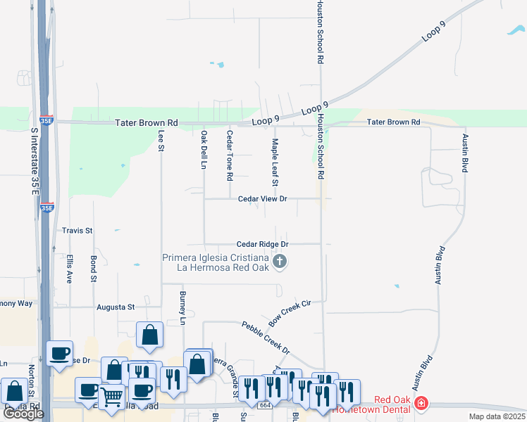 map of restaurants, bars, coffee shops, grocery stores, and more near 501 Maple Leaf Street in Red Oak