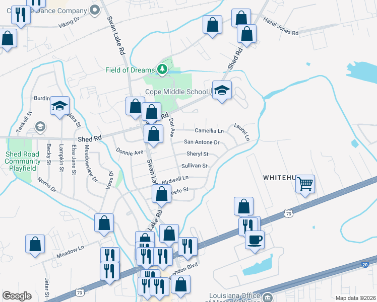 map of restaurants, bars, coffee shops, grocery stores, and more near 4811 San Antone Drive in Bossier City
