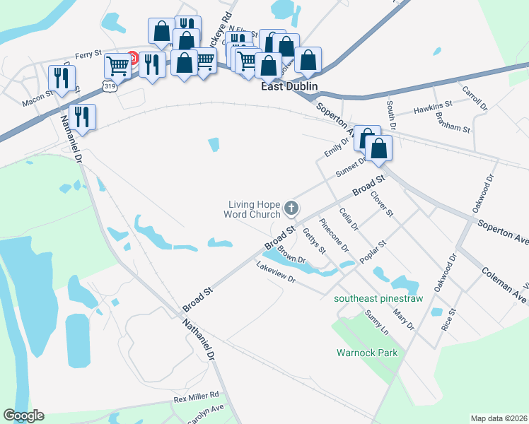 map of restaurants, bars, coffee shops, grocery stores, and more near 511 Broad Street in East Dublin